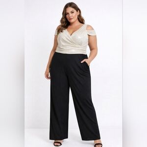 Ralph Lauren Black Plus Size Formal Jumpsuit Gold Wrap Top & Black Off Shoulder